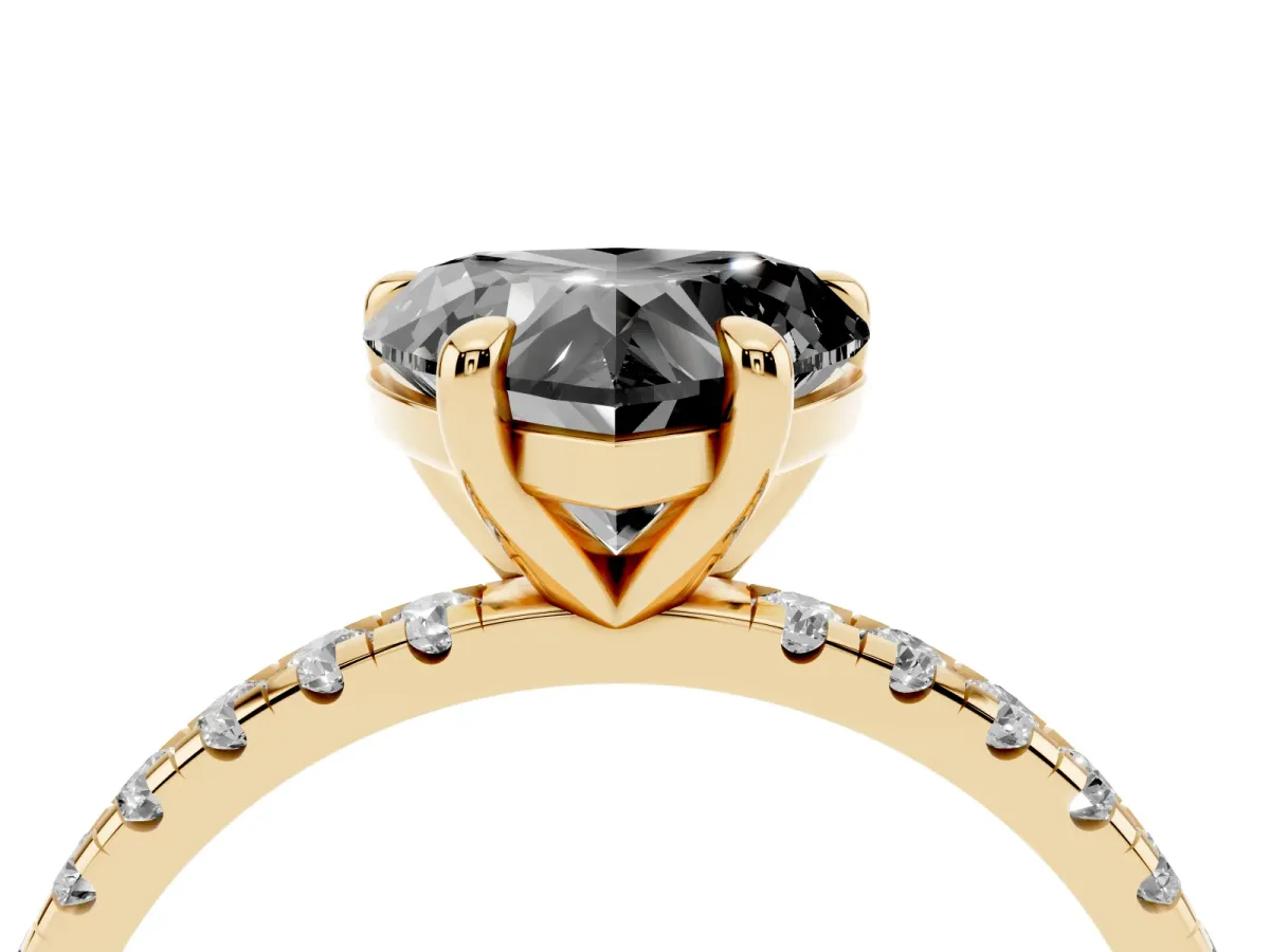 Fancy Black Heart Cut Diamond Brilliant Solitaire Ring with Pavé Band and Four-Prong Setting Yellow gold