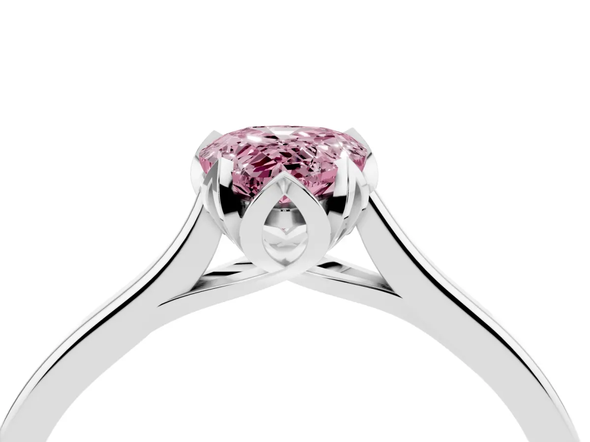 Fancy Pink Pear Cut Diamond Solitaire Ring with Flower Prong Setting and Classic Band Silver