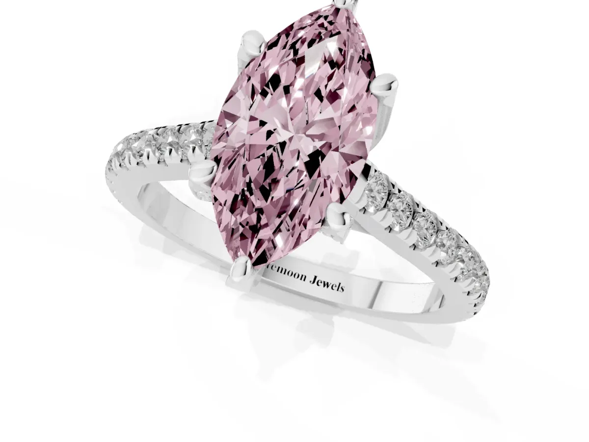 Fancy Pink Marquise Cut Brilliant Diamond Solitaire with Pavé Band and Four-Prong Setting Silver