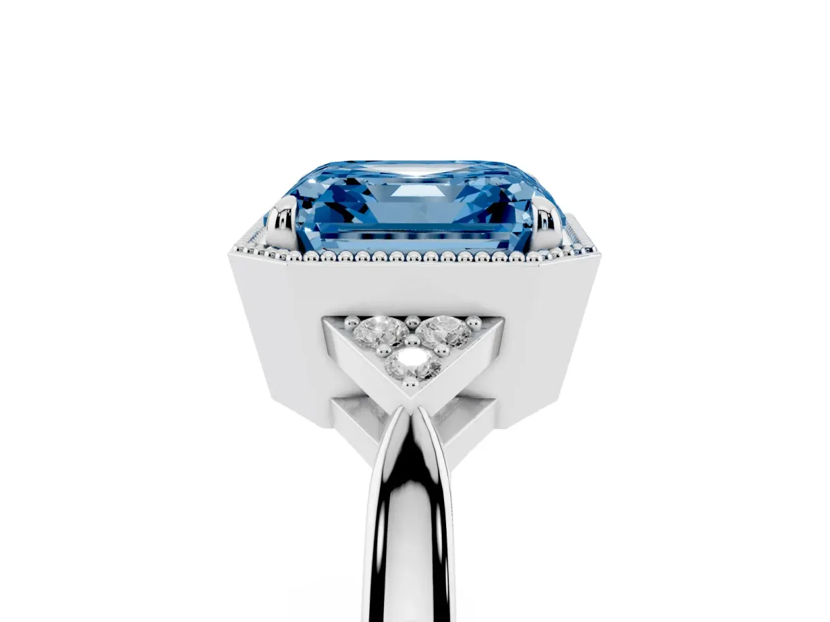 Fancy Blue Asscher Cut Diamond Halo Ring with Tapered Band and Four-Prong Setting White gold