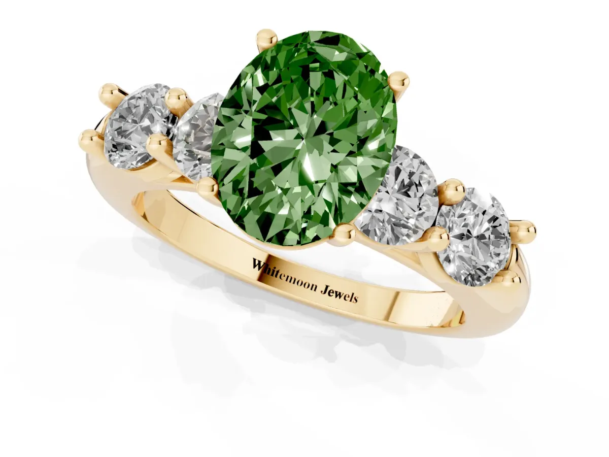 Fancy Green Oval Cut Cut Five-Stone Prong Set Diamond Ring with Classic Band Yellow gold