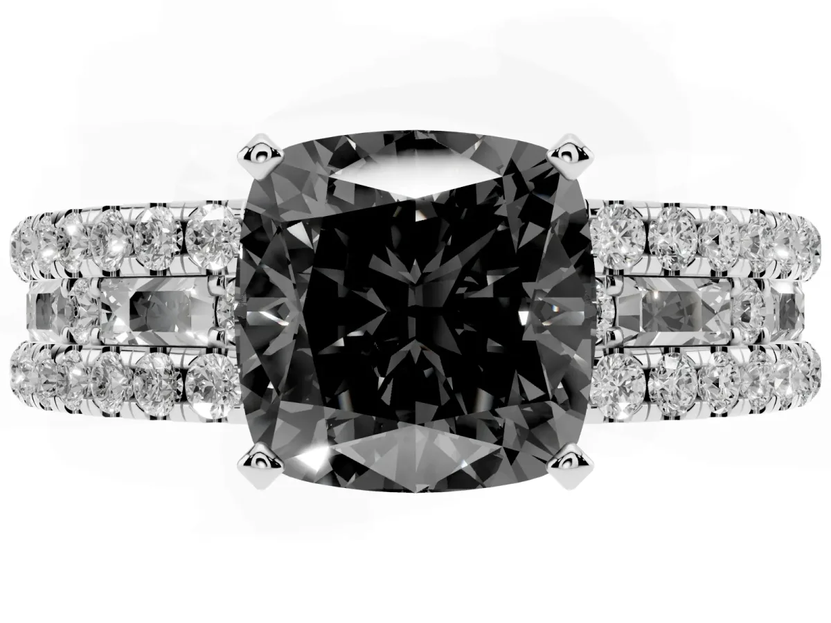 Fancy Black Cushion Cut Diamond Solitaire Ring with Pavé and Channel Set Band Silver