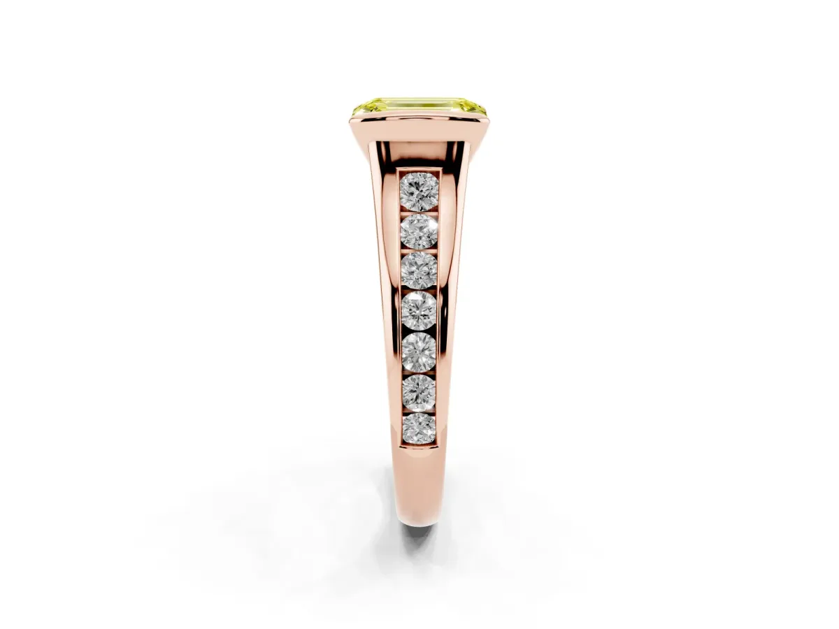 Fancy Yellow Emerald Cut Solitaire Bezel-Set Diamond Ring with Channel-Set Band Rose gold