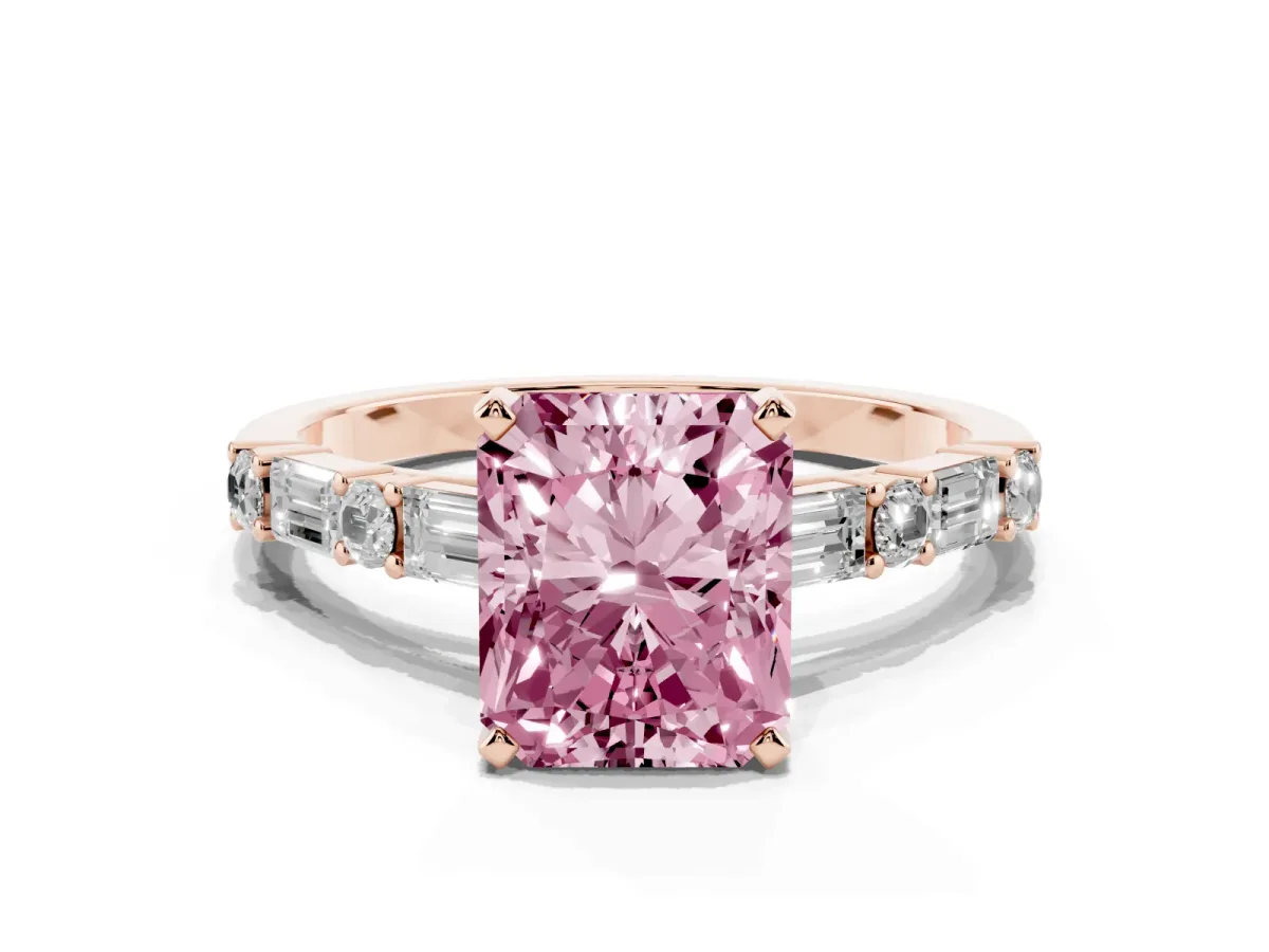 Fancy Pink Radiant Cut Diamond Solitaire with Side Baguettes and Channel Set Band Rose gold