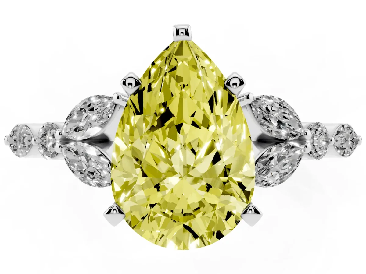 Fancy Yellow Pear Cut Diamond Solitaire Ring with Side Stones and Four-Prong Setting Platinum