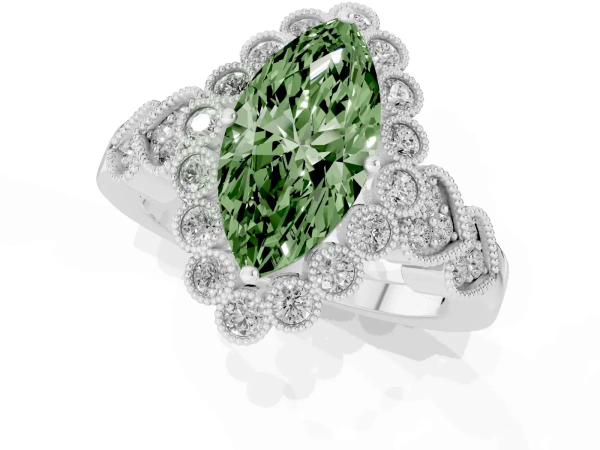 Fancy Green Marquise Cut Brilliant Milgrain Pave Heart Band Solitaire Ring Platinum