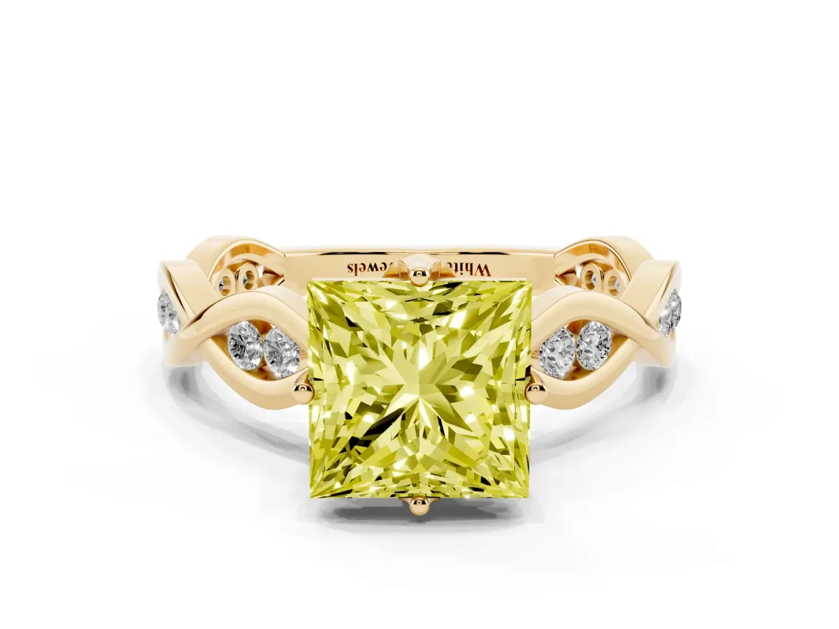 Fancy Yellow Princess Cut Solitaire Twist Band with Leaf Prong Setting Yellow gold