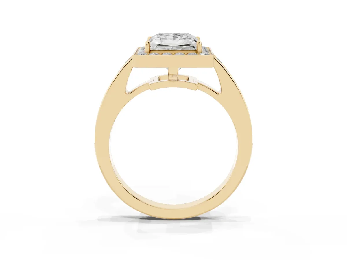 Princess Cut Halo Pavé Diamond Engagement Ring with Bezel Setting Yellow gold