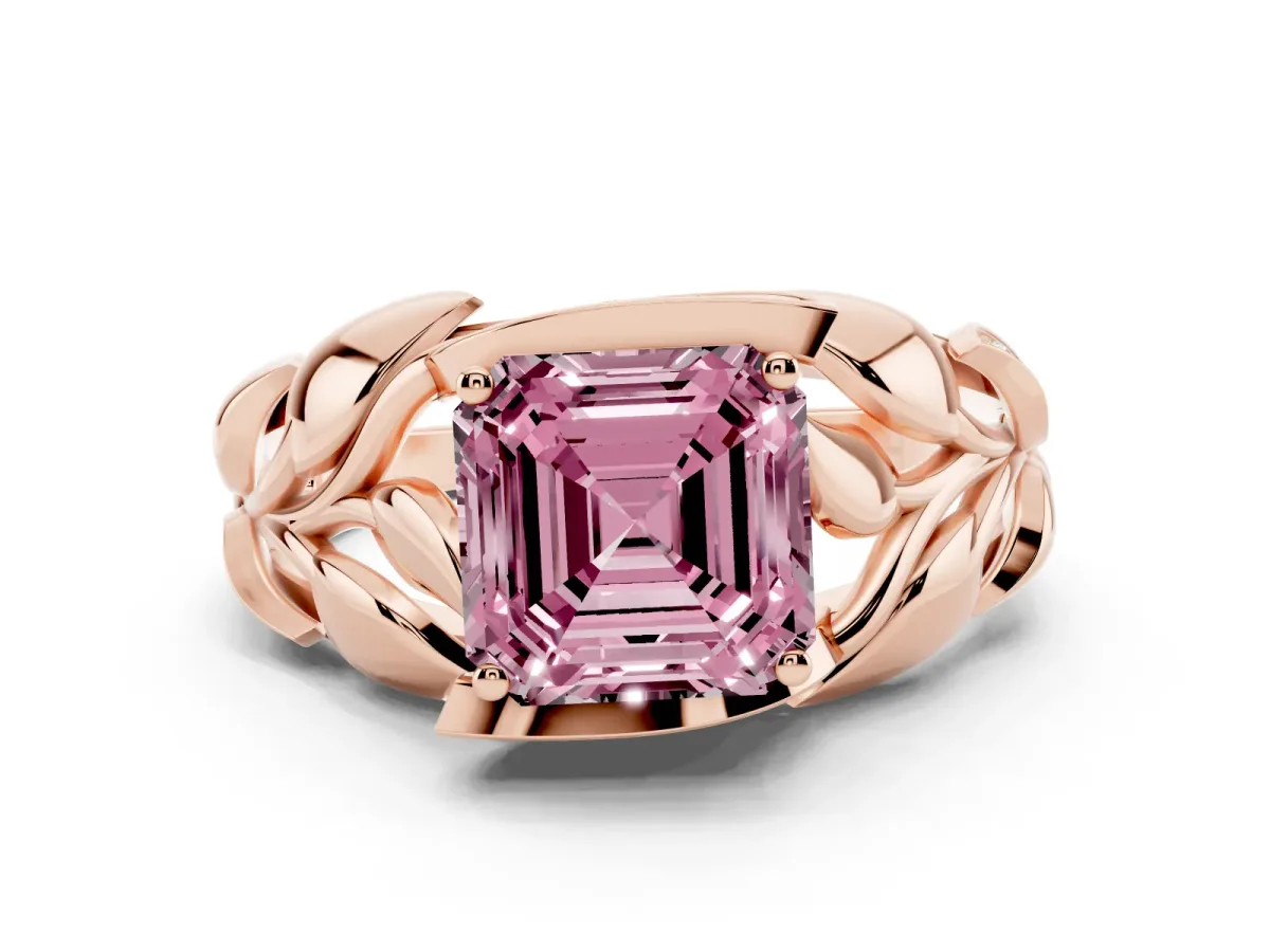 Fancy Pink Asscher Cut Diamond Leaf-Inspired Engagement Ring with Round Accents and Prong Setting Rose gold