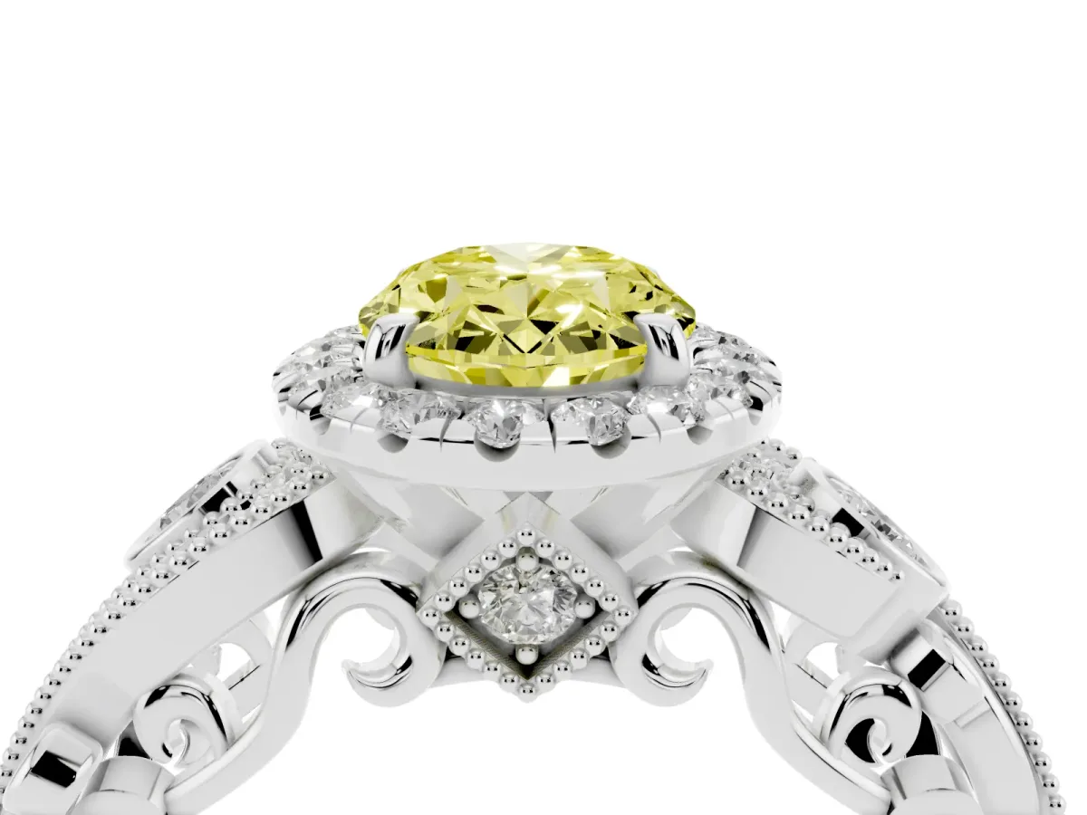 Fancy Yellow Oval Cut Diamond Halo Ring with Milgrain Pavé Band and Four-Prong Setting Silver