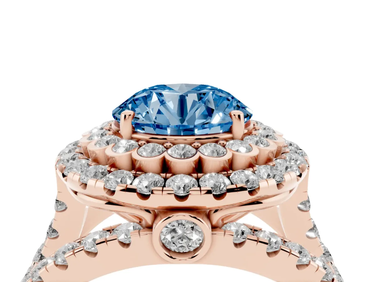 Fancy Blue Round Cut Diamond Double Halo Ring with Round Pavé Split Shank and Prong Setting Rose gold