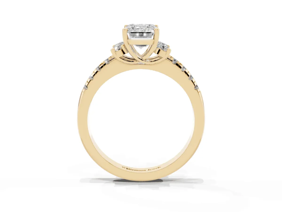 Emerald Cut Diamond Three-Stone Pave Band with Four-Prong Setting Yellow gold