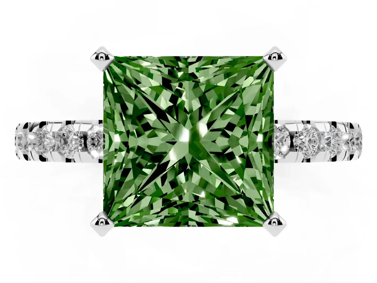 Fancy Green Princess Cut Diamond Solitaire Ring with Round Pavé Band and Four-Prong Setting Silver