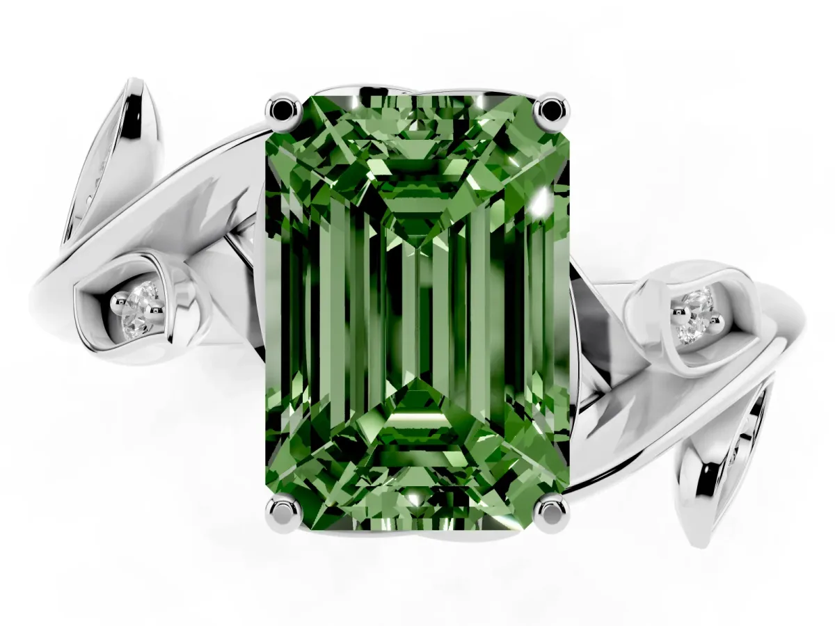 Fancy Green Emerald Cut Solitaire Twist Engagement Ring with Leaf Accents and Prong Setting Silver