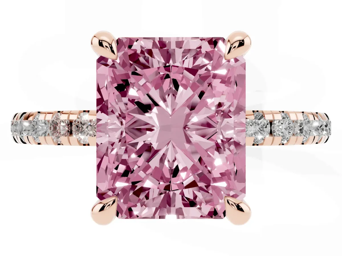 Fancy Pink Radiant Cut Diamond Brilliant Solitaire Ring with Pavé Band and Four-Prong Setting Rose gold