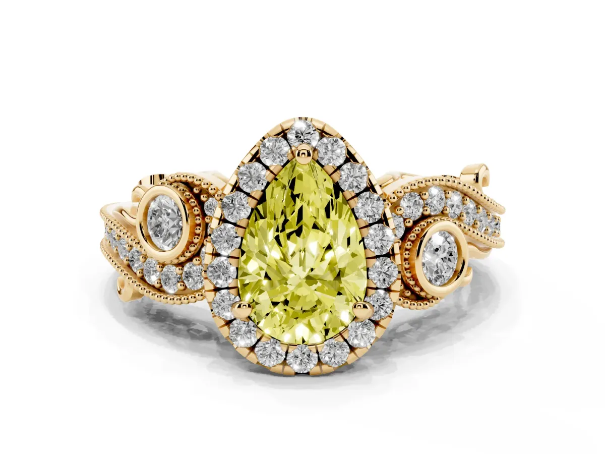 Fancy Yellow Pear Cut Diamond Halo Ring with Milgrain Pavé Band and Four-Prong Setting Yellow gold
