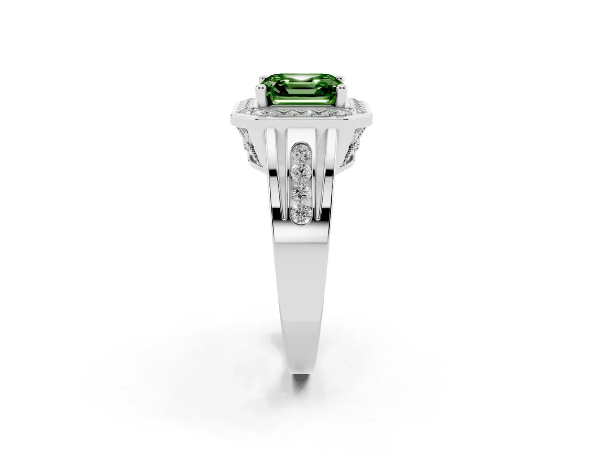 Fancy Green Asscher Cut Diamond Halo Ring with Split Shank and Bezel Accents and Prong Setting Silver
