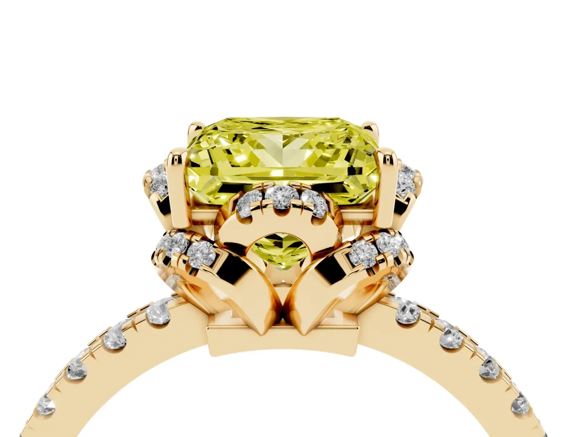 Fancy Yellow Princess Cut Halo Diamond Pave Band Ring with Four-Prong Setting Yellow gold