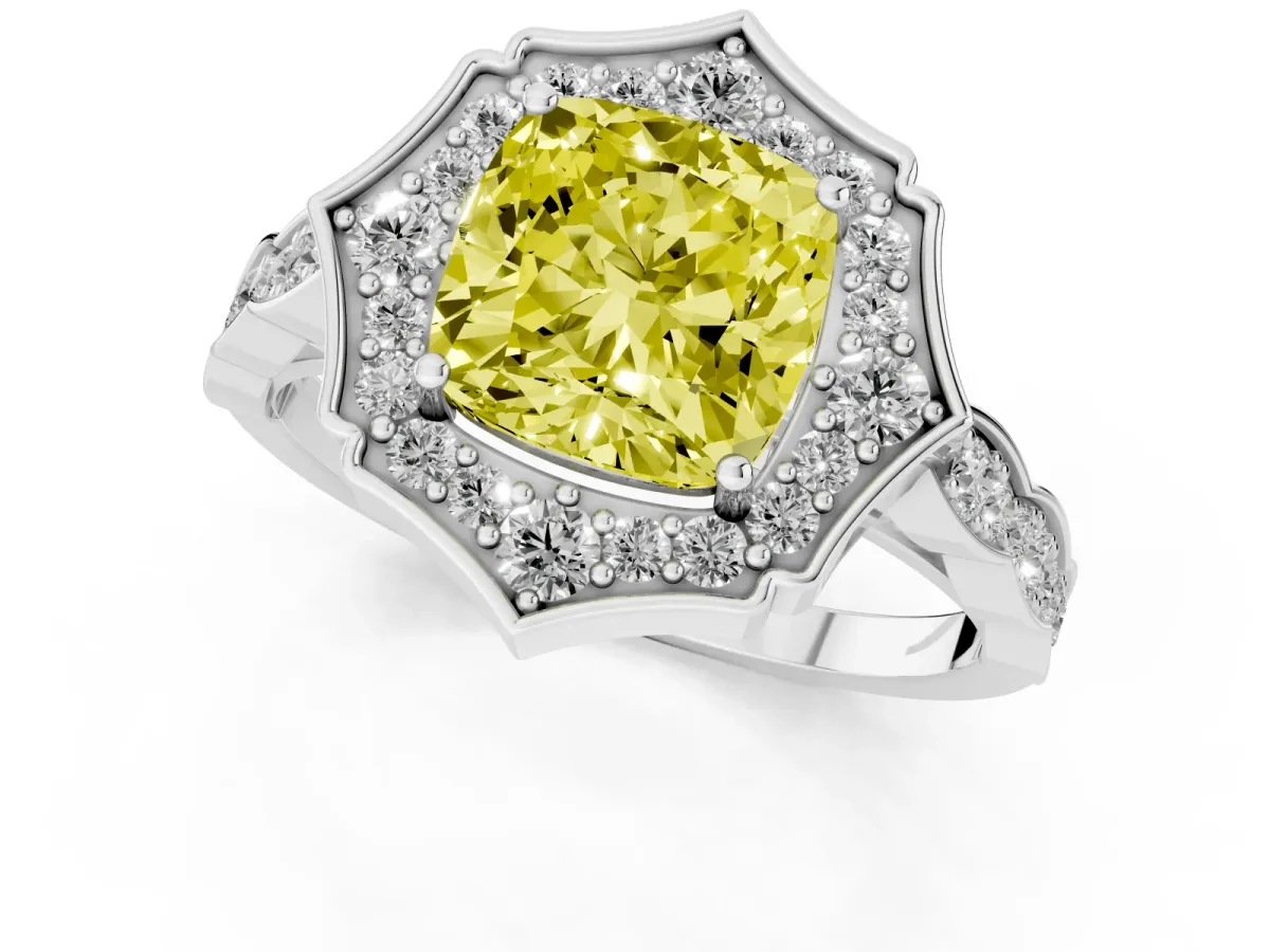 Fancy Yellow Cushion Cut Halo Diamond Engagement Ring with Milgrain Band and Four-Prong Setting White gold