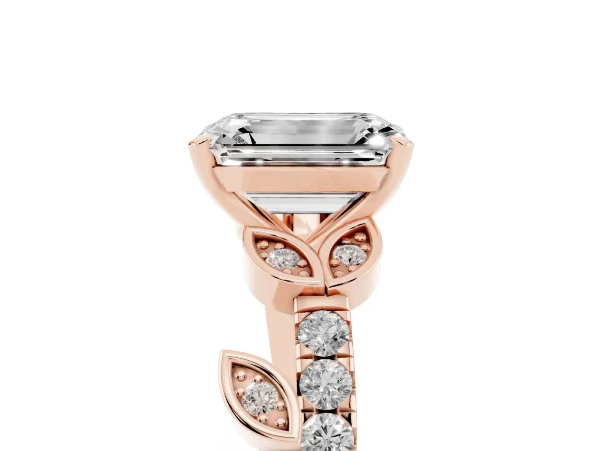 Emerald Cut Solitaire Leaf-Inspired Diamond Ring with Pavé Band and Four-Prong Setting Rose gold