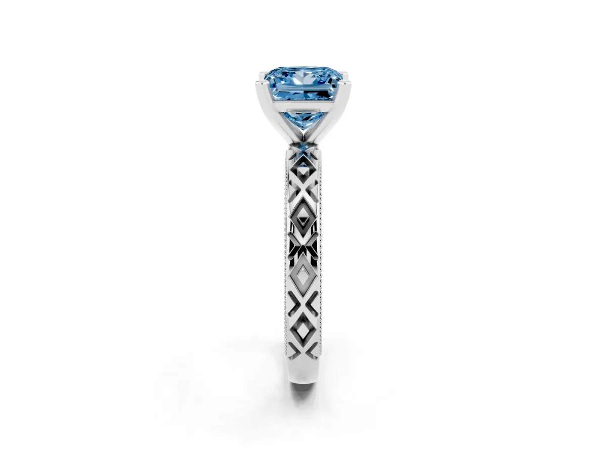 Fancy Blue Princess Cut Solitaire Diamond Ring with Milgrain and Black Enamel X Pattern Band Silver