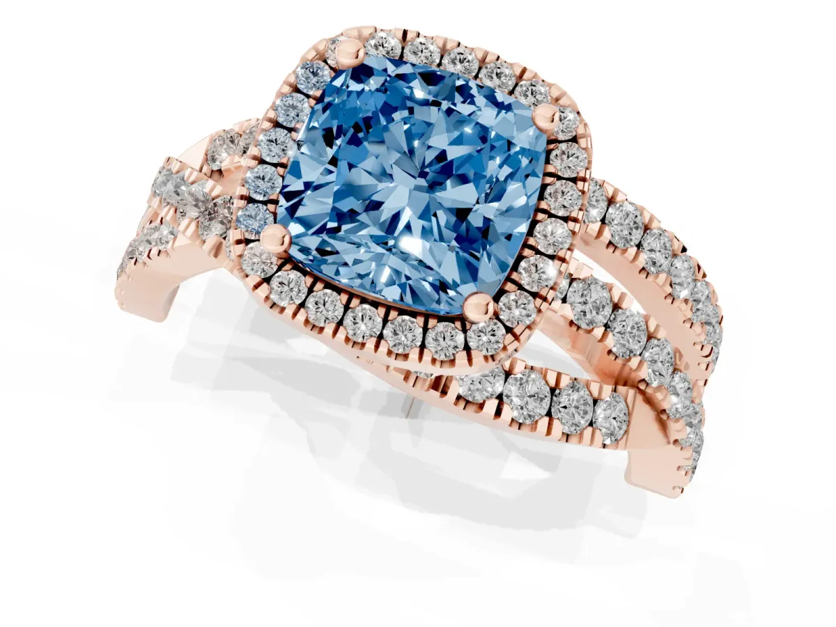 Fancy Blue Cushion Cut Diamond Halo Ring with Round Split Shank and Prong Setting Rose gold
