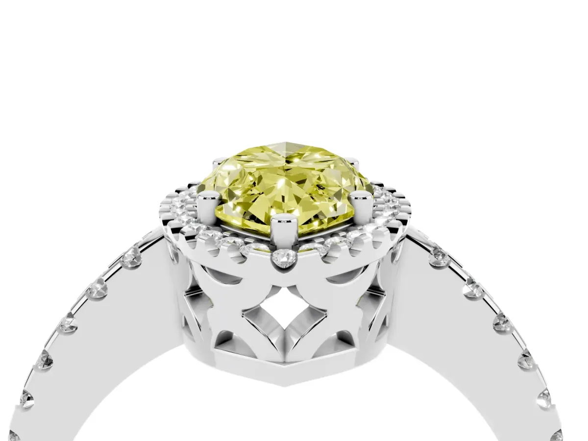 Fancy Yellow Marquise Cut Diamond Halo Engagement Ring with Pavé Band and Prong Setting White gold