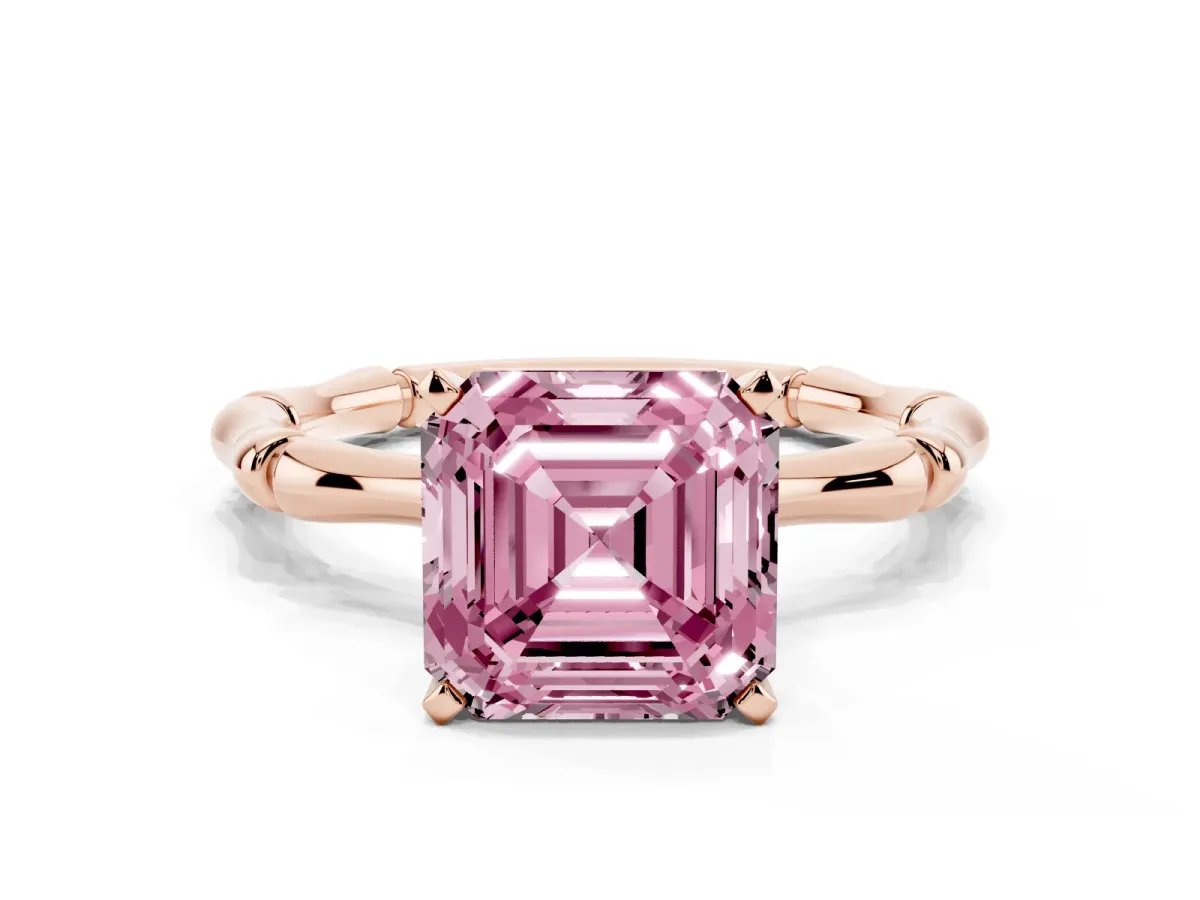 Fancy Pink Asscher Cut Solitaire Diamond Ring with Bamboo Band and Four-Prong Setting Rose gold
