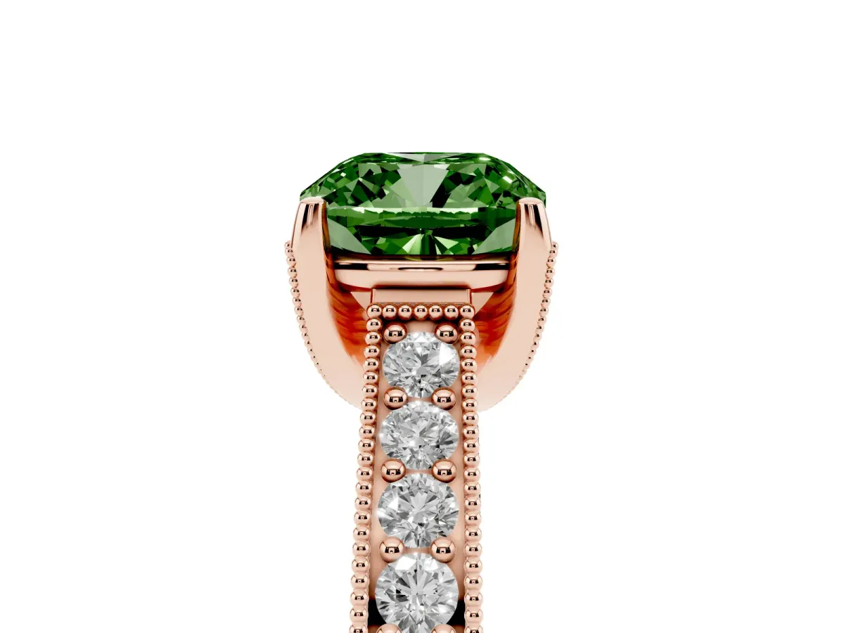 Fancy Green Cushion Cut Cut Diamond Solitaire Ring with Milgrain Pave Band and Four Prong Setting Rose gold