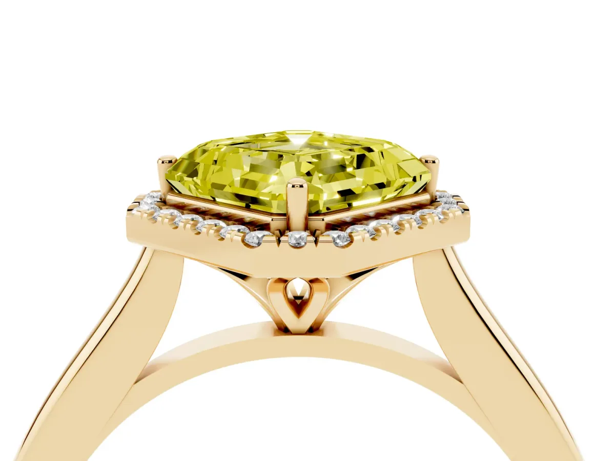 Fancy Yellow Asscher Cut Halo Round Diamond Solitaire Engagement Ring with Pave Band and Four-Prong Setting Yellow gold