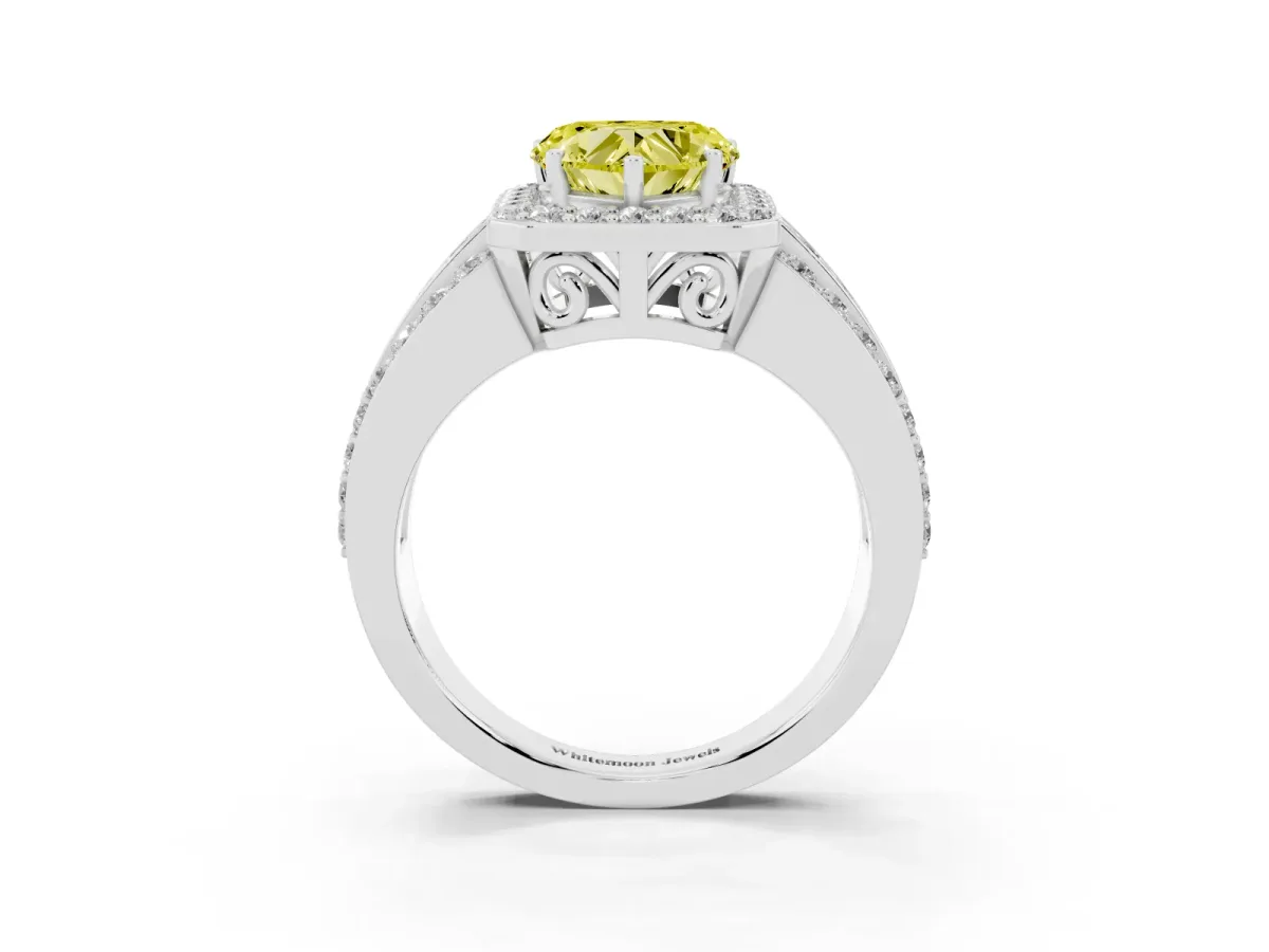 Fancy Yellow Heart Cut Halo Diamond Ring with Round Split Shank and Prong Setting Silver