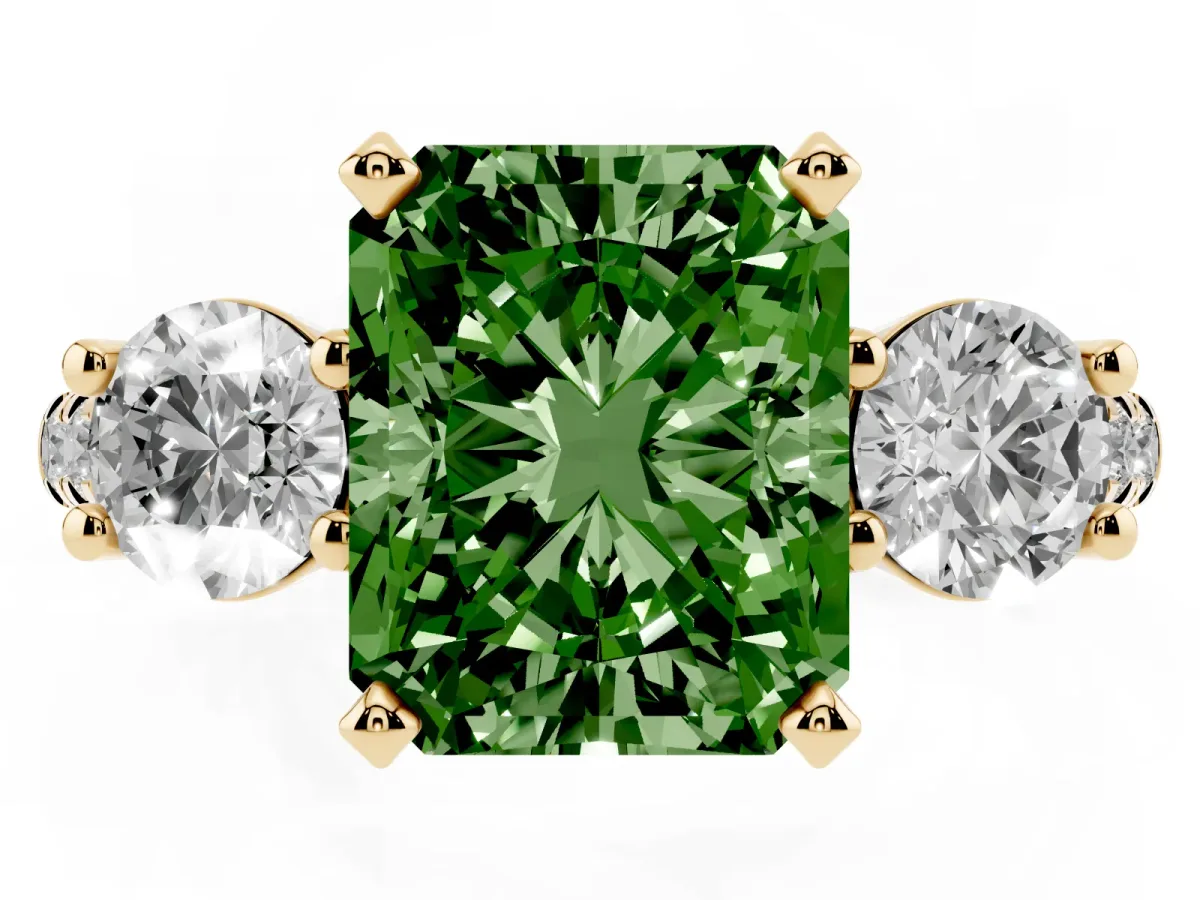 Fancy Green Three-Stone Radiant Cut Diamond Pavé Band with Four-Prong Setting Yellow gold