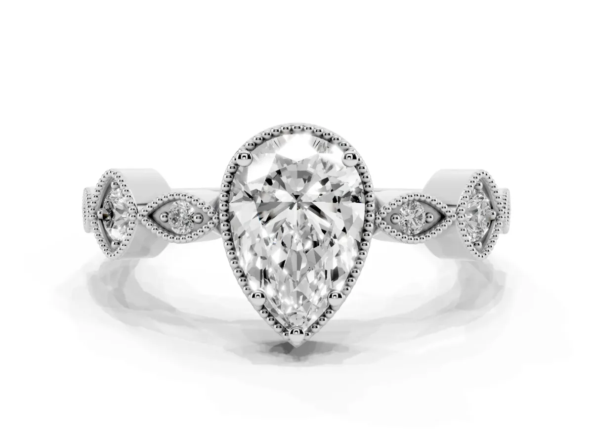 Pear Cut Diamond Vintage Milgrain Ring with Round Stations Silver