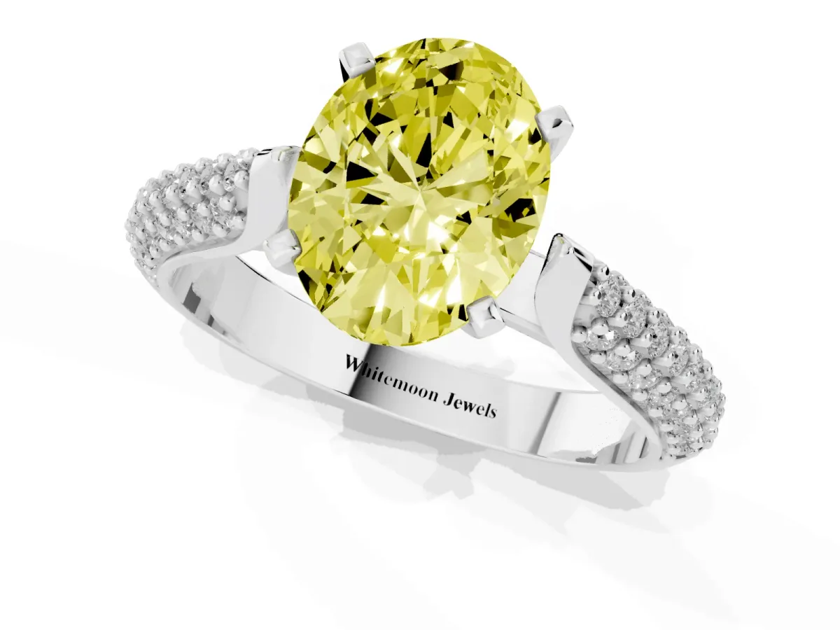 Fancy Yellow Oval Cut Diamond Solitaire Engagement Ring with Multi-Row Round Pavé Band and Prong Setting Platinum