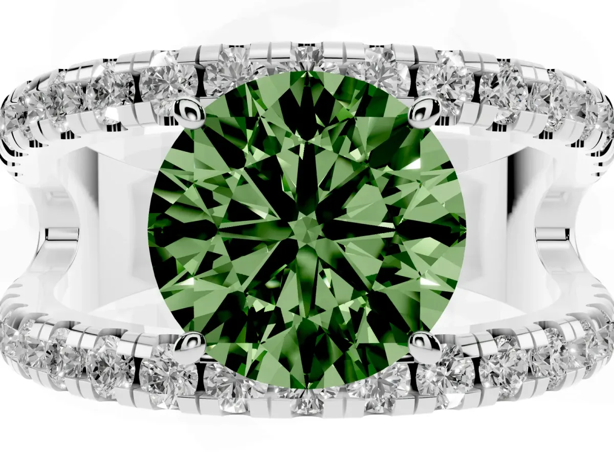 Fancy Green Round Cut Solitaire Split Shank Pave Diamond Ring Silver
