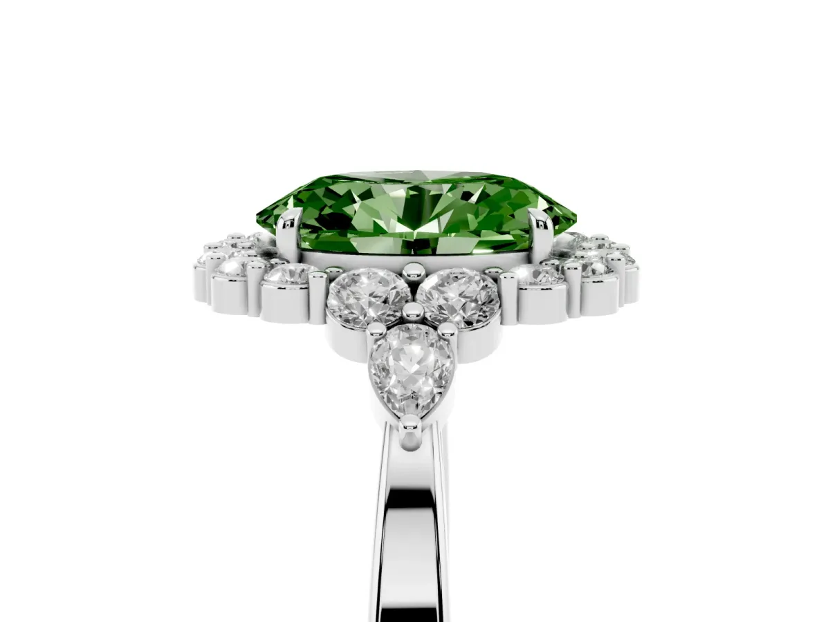 Fancy Green Oval Cut Diamond Halo Ring with Pear Side Stones and Prong Setting Silver