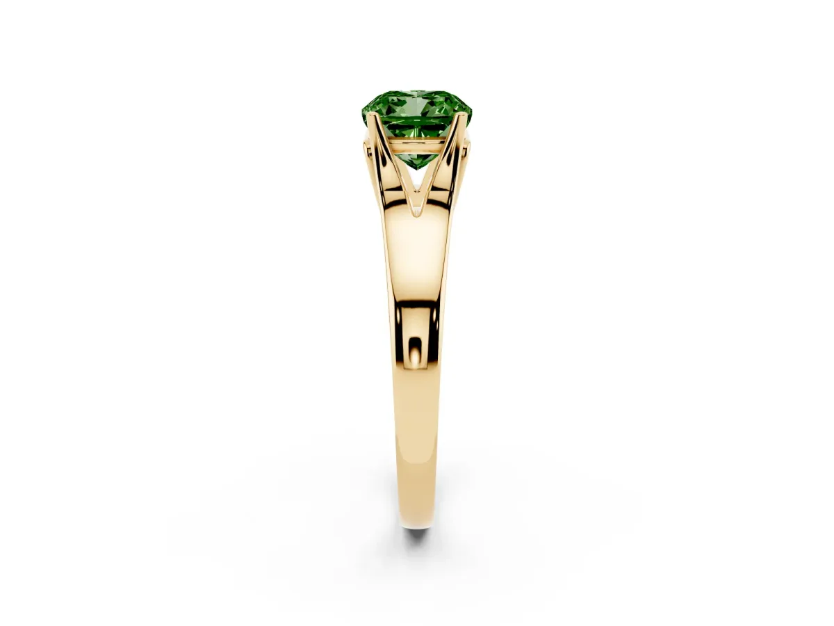 Fancy Green Cushion Cut Solitaire Diamond Ring with Cathedral Band and Four-Prong Setting Yellow gold