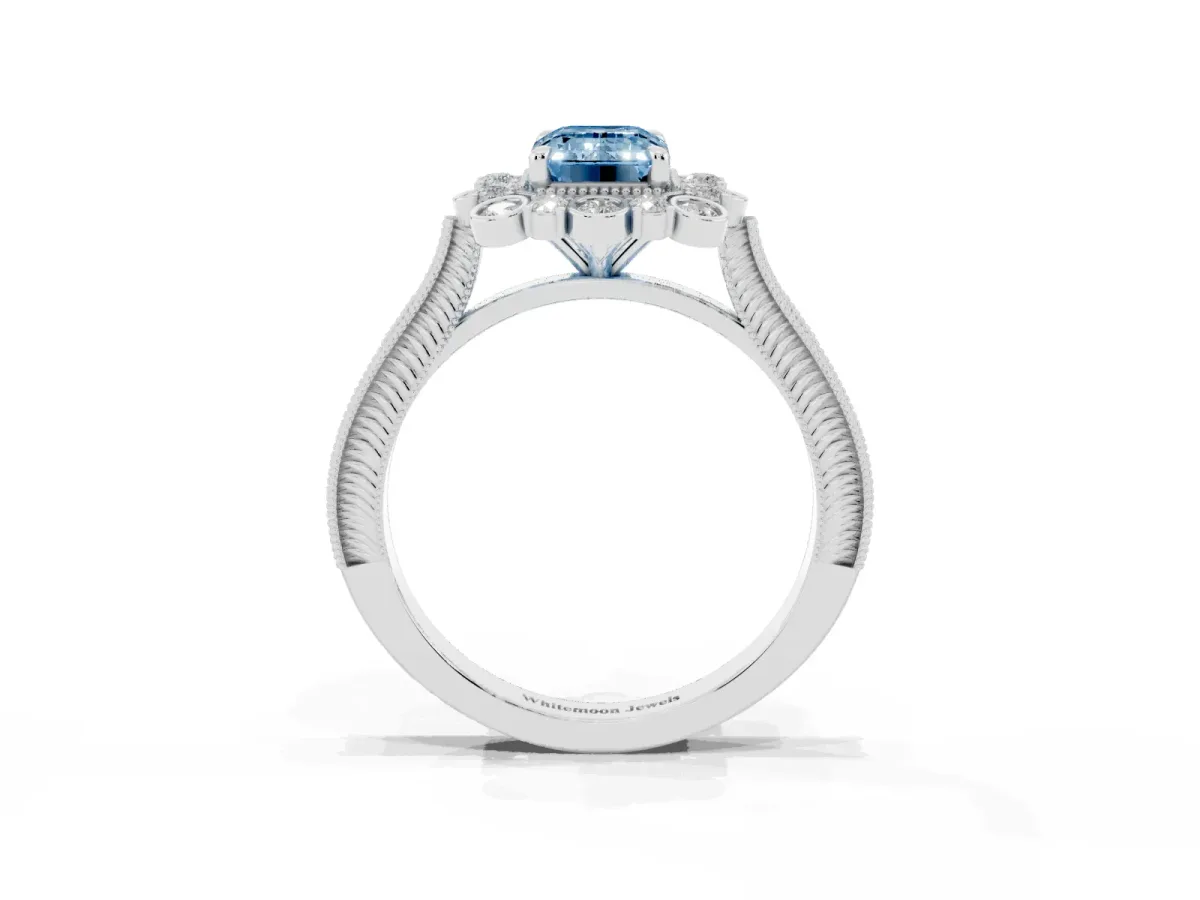 Fancy Blue Emerald Cut Halo Milgrain Pave Diamond Ring with Four-Prong Setting Silver