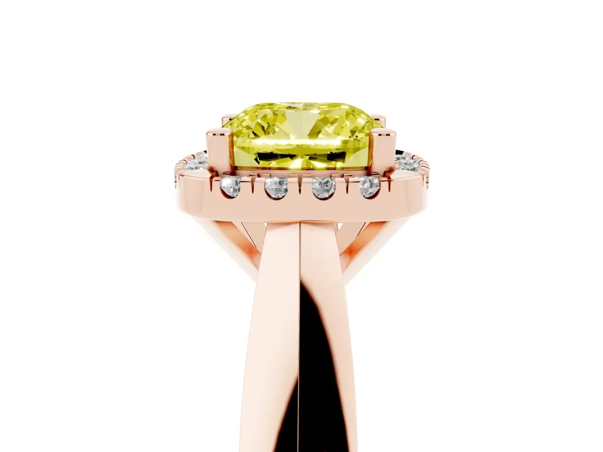 Fancy Yellow Cushion Cut Cut Halo Solitaire Engagement Ring with Square Band and Four-Prong Setting Rose gold