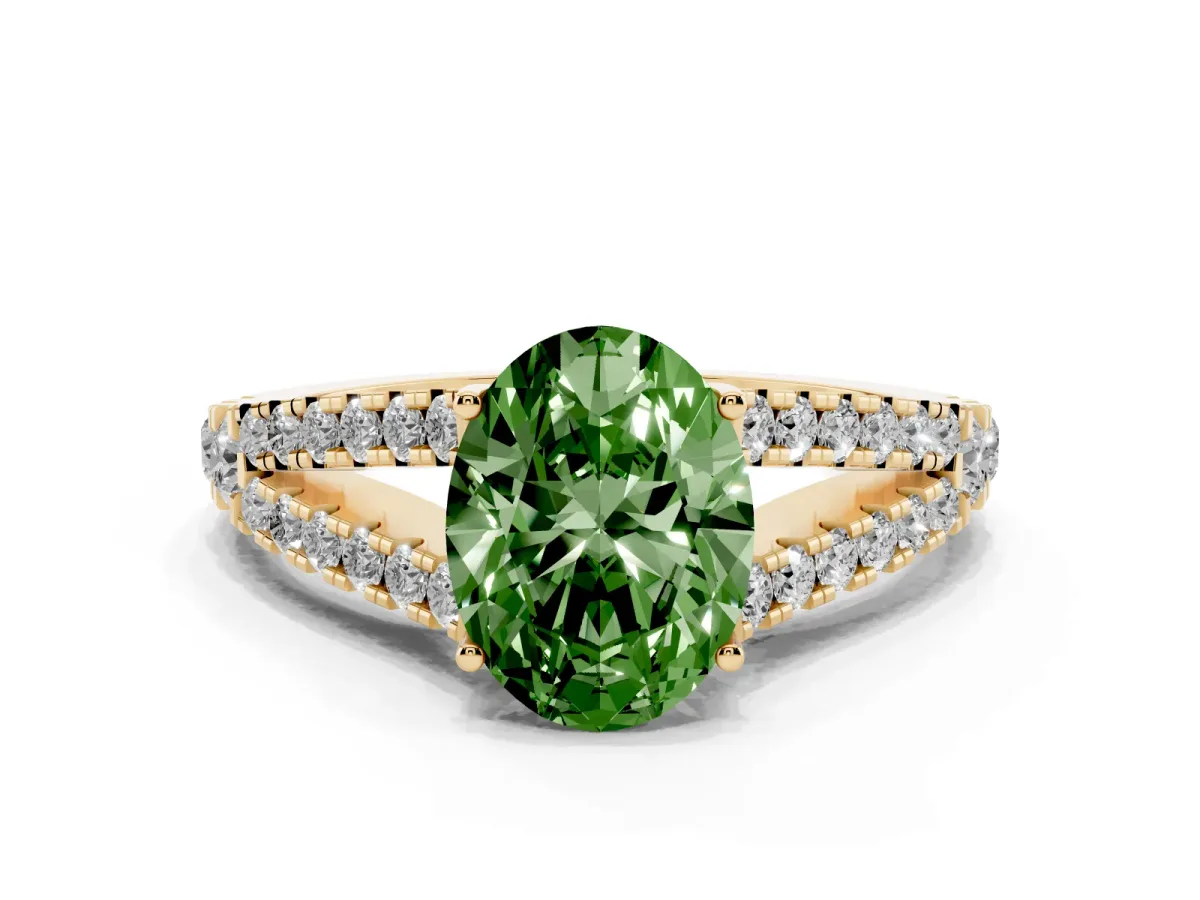 Fancy Green Oval Cut Diamond Split Shank Engagement Ring with Round Pavé and Prong Setting Yellow gold