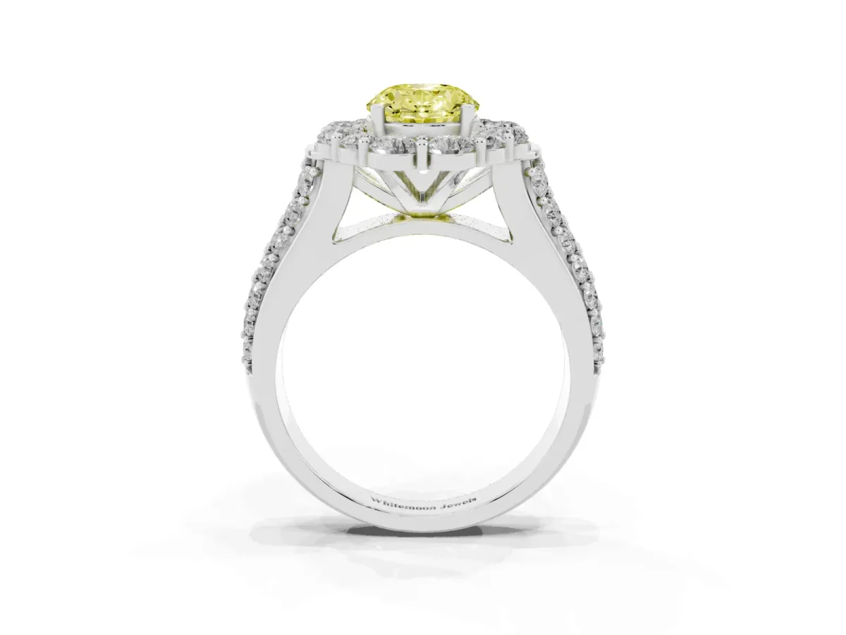 Fancy Yellow Oval Cut Halo Diamond Engagement Ring with Split Shank and Prong Setting Silver