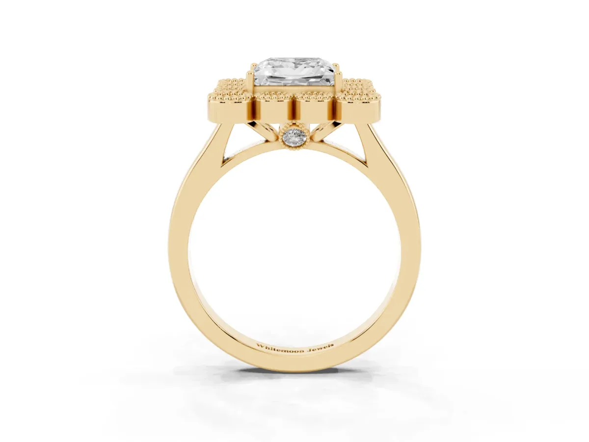 Princess Cut Halo Diamond Cluster Engagement Ring with Milgrain Bezel Setting and Solitaire Band Yellow gold