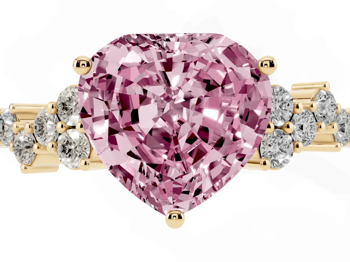 Fancy Pink Heart Cut Diamond Scattered Round Accent Ring with Prong Setting Yellow gold