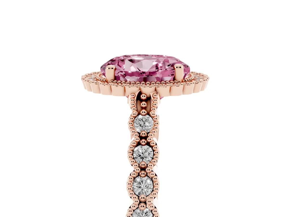 Fancy Pink Round Cut Cut Halo Pavé Solitaire Ring with Milgrain Band Rose gold