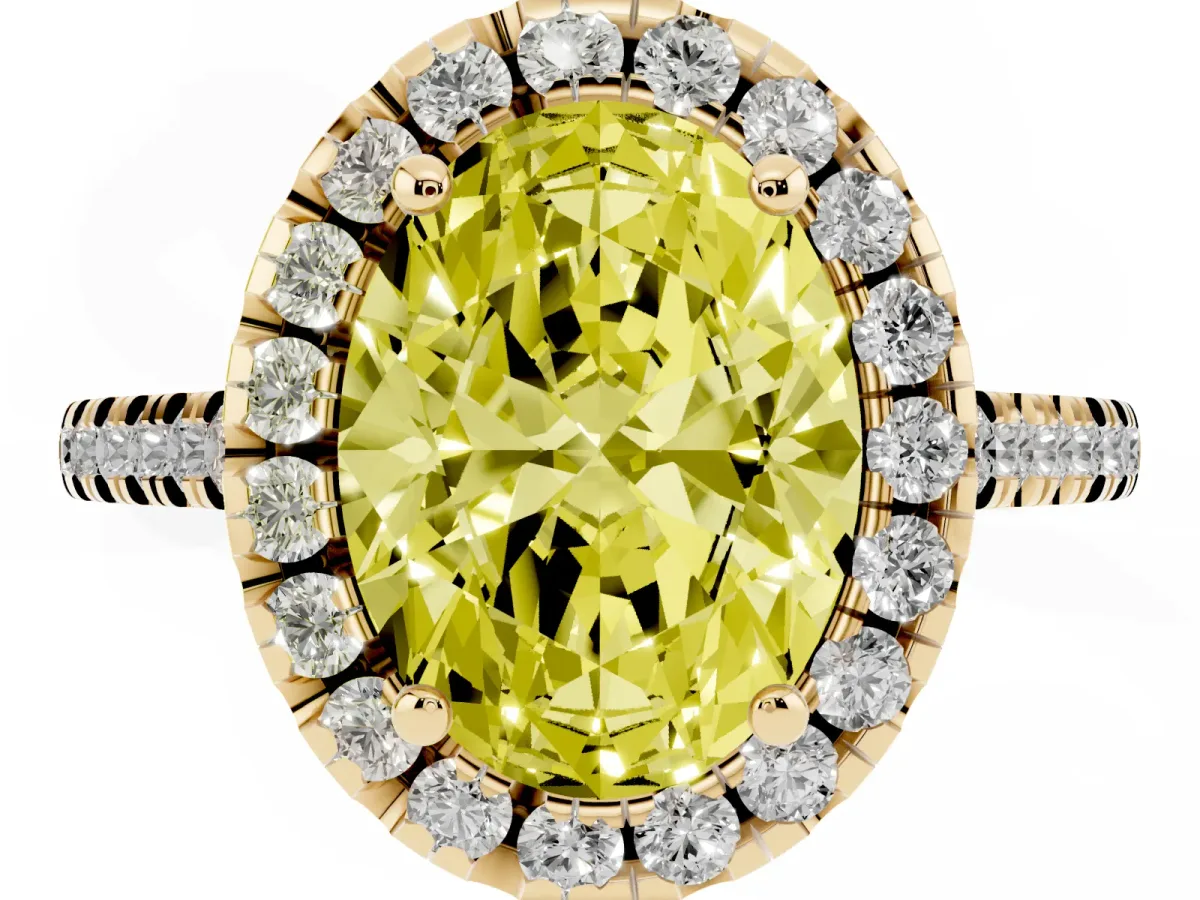 Fancy Yellow Oval Cut Diamond Cushion Halo Ring with Pavé Band Yellow gold