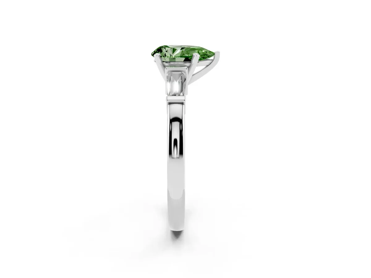 Fancy Green Pear Cut Cut Diamond Solitaire Ring with Tapered Baguette Accents and Four-Prong Setting Silver