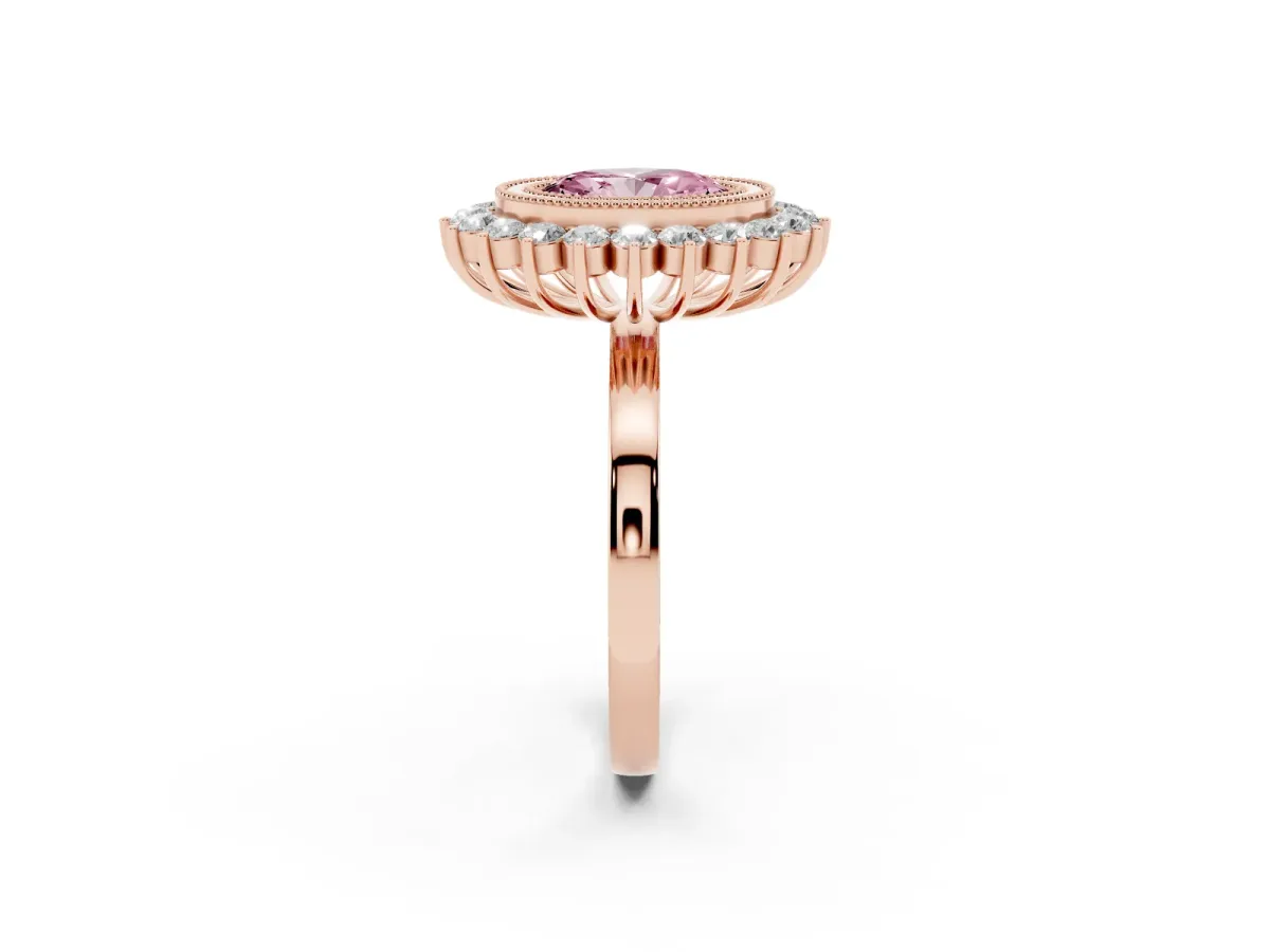 Fancy Pink Oval Cut Halo Diamond Ring with Milgrain Edge and Round Prong Setting Rose gold