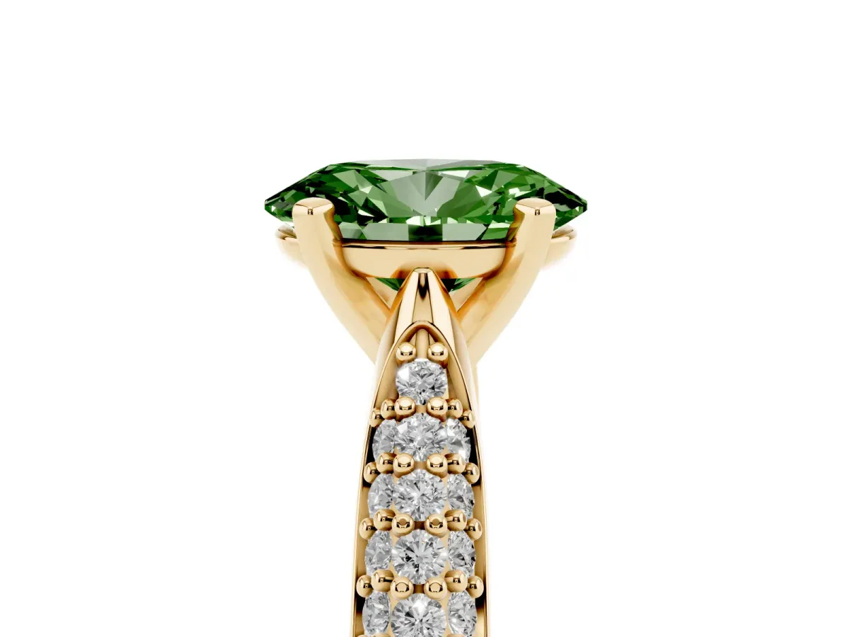 Fancy Green Oval Cut Diamond Solitaire Engagement Ring with Multi-Row Round Pavé Band and Prong Setting Yellow gold