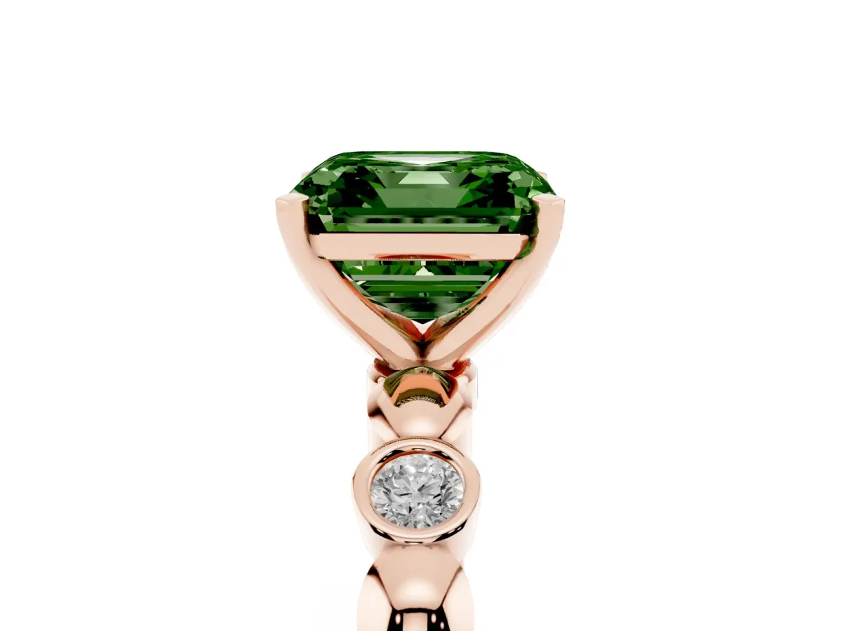 Fancy Green Asscher Cut Solitaire Bezel-Set Diamond Ring with Beaded Band and Four-Prong Setting Rose gold