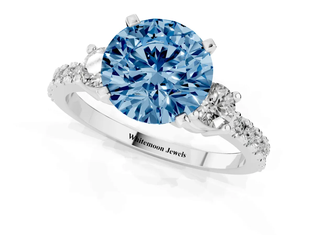 Fancy Blue Round Cut Three-Stone Diamond Pavé Band with Prong Setting Silver